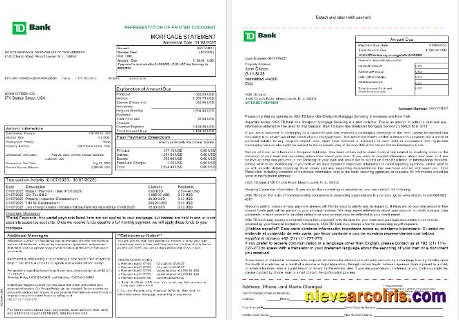 USA TD bank mortgage statement, 3 pages 1-2